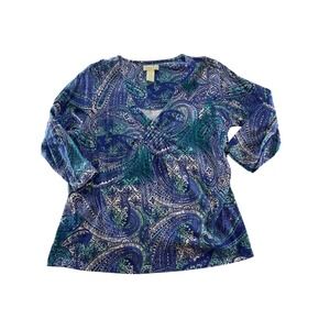 Caribbean Joe Womens XL Paisley V Neck 3/4 Sleeve Shirt Blue Green Top